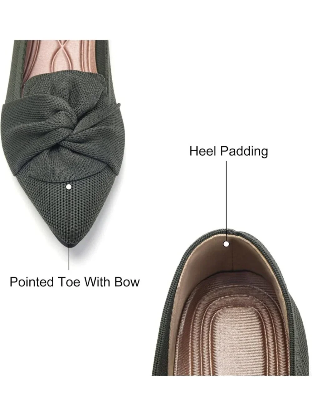 Women's Green Pointed Toe Ballet Flats with Bow Comfortable Knit Dressy Shoes